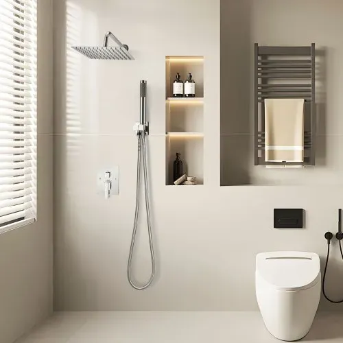 VEVOR Duscharmatur Regenduschsystem fürs Badezimmer Duschsystem mit 254 mm quadratischen Regenduschkopf & Handbrause, wandmontierte Badezimmerarmaturen mit Messingventil & Zierset, Silberchrom – Bild 7