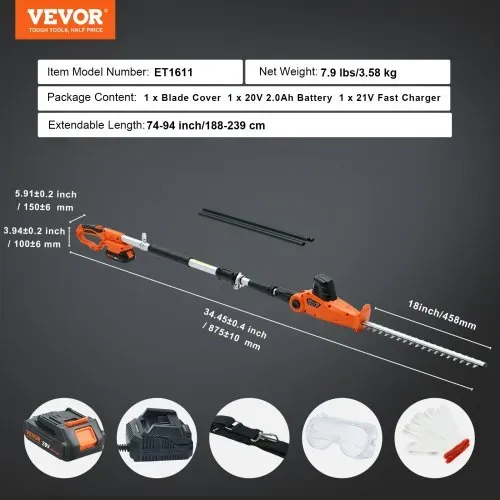 VEVOR Teleskop Heckenschere 20V Heckentrimmer Kupfermotor 17.500U/min Elektroheckenschere 46cm Klingenlänge 188–239cm Ausziehbar 16mm Schnittdurchmesser 30-150° Drehbar inkl.Schnellladegerät Akku – Bild 6