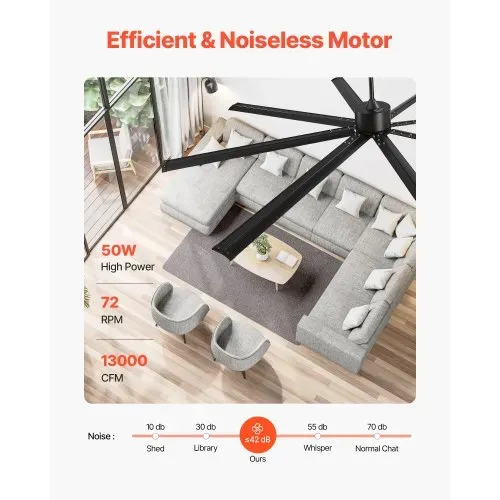 VEVOR 243 cm Deckenventilator ohne Licht, 6-Gang-Fernbedienung, 8 Flügel aus Alu, umkehrbarer Gleichstrommotor, Ventilator für Schlafzimmer, Wohnzimmer, Terrasse, Innen-/Außenbereich, schwarz – Bild 2