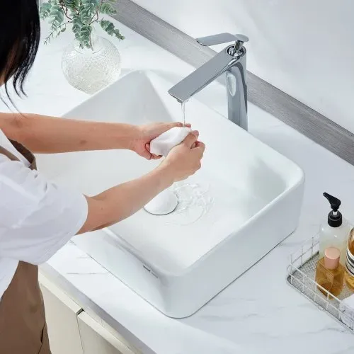 VEVOR Rechteckiges Aufsatzwaschbecken Waschbecken, 482 x 373 x 135 mm, Badezimmer-Aufsatzwaschbecken über der Theke, Keramikwaschbecken moderner Stil, für Toiletten, Hotels, Restaurants, helles Weiß – Bild 7