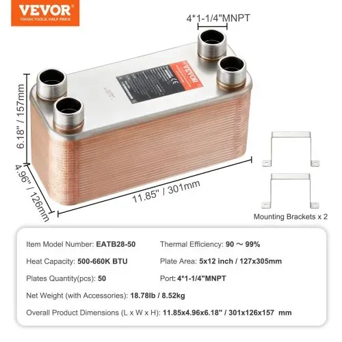 VEVOR 50 Plattenwärmetauscher 4x1-1/4Zoll MNPT-Anschlüsse 316L Edelstahl – Bild 6
