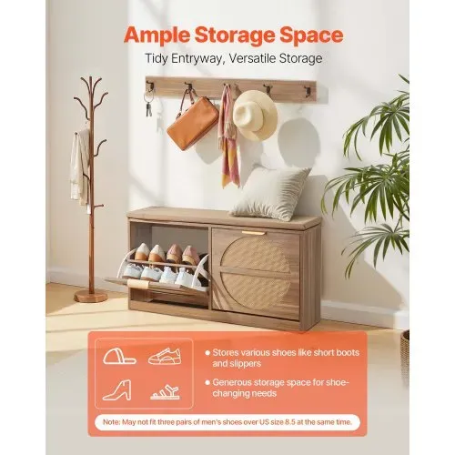 VEVOR Schuhbank mit 2 Klappen 200kg Schuhkipper Schuhkommode 980x240x515mm, für Flur Wohnzimmer Schlafzimmer, MDF-Schuhschrank mit 2 Flip-Schubladen, Gepolstertem Sitzkissen, Rattanoptik Naturholzfarbe VEVOR Schuhbank mit 2 Klappen 200kg Schuhkipper Schuhkommode 980x240x515mm, für Flur Wohnzimmer Schlafzimmer, MDF-Schuhschrank mit 2 Flip-Schubladen, Gepolstertem Sitzkissen, Rattanoptik Naturholzfarbe