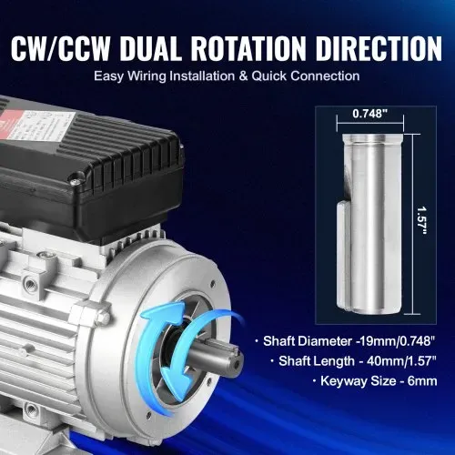 VEVOR 0,75 kW Elektromotor 1400 U/min, AC 220–240 V, 5,45 A, 80, B34-Rahmen, Luftkompressormotor einphasig, 19 mm Keilwelle, Rechts-/Linkslauf für landwirtschaftliche Maschinen und allgemeine Geräte – Bild 3