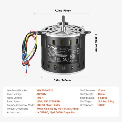 VEVOR 1/3 PS Gebläsemotor, 220 V, 1,95 A, 1250 U/min, 3 Gang (750/9501250 U/min), 10 mm Wellendurchmesser, 20 mm Wellenlänge, ROT. CCW vom Wellenende, inkl. CBB60 15 μF / 450 V Kondensator – Bild 6