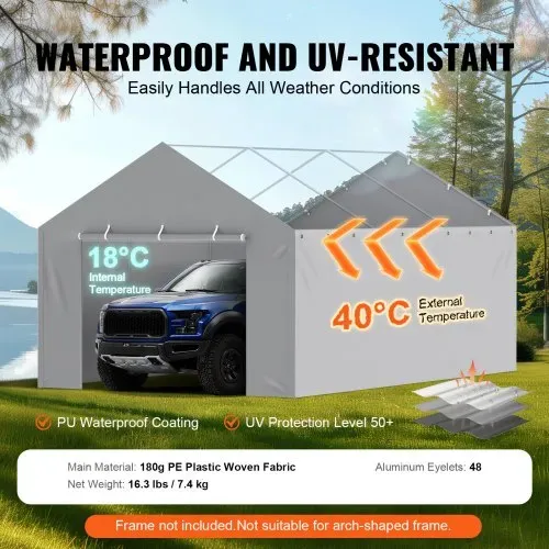 VEVOR Carport-Garagenzelt Seitenwand 610 x 364 cm, Garagenzelt-Unterstandplane, strapazierfähig, wasserdicht und UV-geschützt, grau (Oberteil und Rahmen nicht im Lieferumfang enthalten) – Bild 2