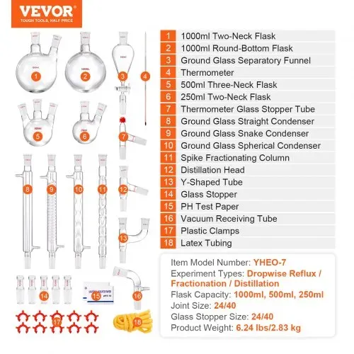 VEVOR Labor-Destillationsset, 3,3-Boro-Laborglas-Destillationsset mit 24- und 40-Verbindungen, 1000-ml-Destillationsgeräte-Set für Ätherische Öle, 32-teiliges Set mit Glaswaren – Bild 6