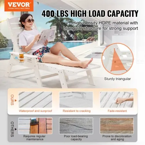 VEVOR Sonnenliege, 181kg Tragkraft, HDPE Gartenliege, Strandliege mit 6-fach verstellbarer Rückenlehne, Armlehne, Getränkehalter, Balkonliege, Terrassenliege für Pool, Terrasse, Patio, Rasen, Weiß VEVOR Sonnenliege, 181kg Tragkraft, HDPE Gartenliege, Strandliege mit 6-fach verstellbarer Rückenlehne, Armlehne, Getränkehalter, Balkonliege, Terrassenliege für Pool, Terrasse, Patio, Rasen, Weiß