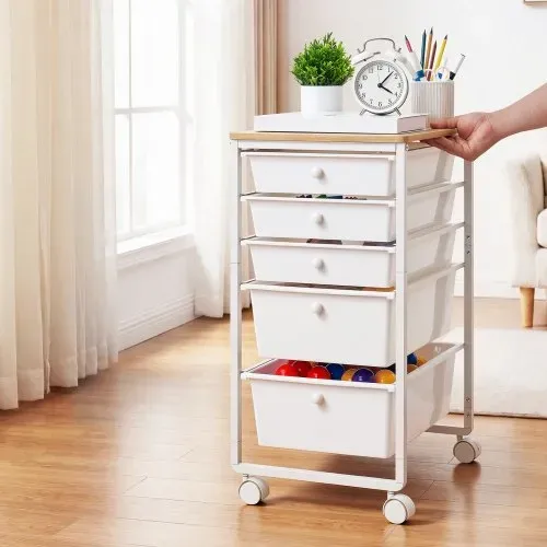 VEVOR Rollwagen mit 5 Schubladen Mobiler Rollcontainer 400x330x635mm Weiß, Metallgestell, Holztischplatte, Handgriffe, Lenkrolle mit 2 Bremsen, Aufbewahrungswagen für Büro Bastelzimmer Schlafzimmer – Bild 7
