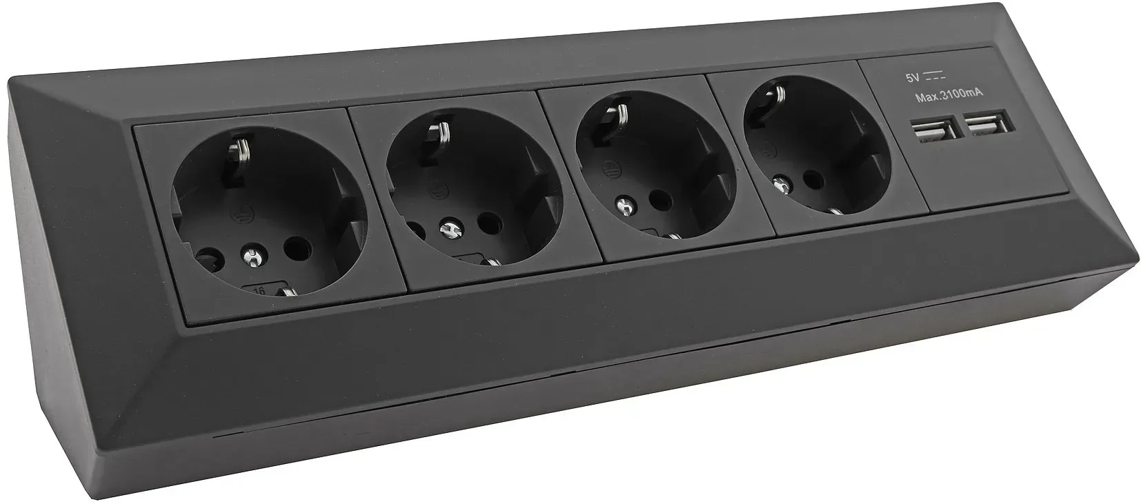 4-fach Steckdosenblock + 2x USB, schwarz 250V~/ 16A, Aufbaumontage, USB 3,1A 4-fach Steckdosenblock + 2x USB, schwarz 250V~/ 16A, Aufbaumontage, USB 3,1A
