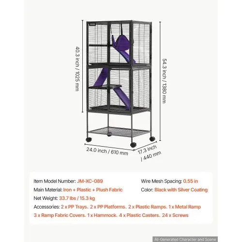 VEVOR Kleintierkäfig Metall Frettchenkäfig Kleintiergehege 61x44x138 cm, Frettchen Chinchillas Gleithörnchen Meerschweinchen & Kaninchen 4-Stöckig 13,97 mm Drahtabstand Feststellbare Schwenkrolle – Bild 6