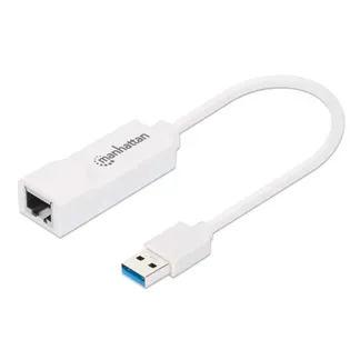 Manhattan USB-A auf Gigabit-Ethernet-Netzwerkadapter, USB 3.2 Gen 1 auf 10/100/1000 Mbit/s Gigabit Ethernet, weiß Manhattan USB-A auf Gigabit-Ethernet-Netzwerkadapter, USB 3.2 Gen 1 auf 10/100/1000 Mbit/s Gigabit Ethernet, weiß