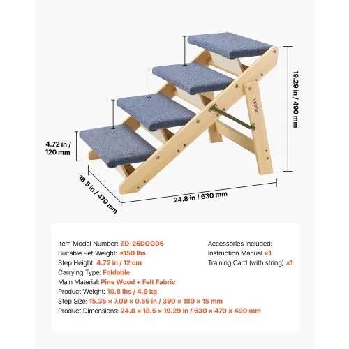 VEVOR Hundetreppe 630x470x490 mm, 4-stufige Hautiertreppe, klappbare Holztreppe geeignet für kleine, mittlere, große, ältere Haustiere sowie Welpen bis 68 kg, Hundeleiter für Betten, Sofas & Autos – Bild 6