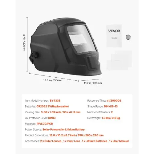 VEVOR Automatik Schweißhelm, 93x42,9 mm True Color, Solar Schweißermaske, 2 Lichtbogensensoren, Schwerißschirm DIN 4/9-13 für WIG MIG ARC Schweißschleifen – CRIUS-Serie (Mattschwarz) – Bild 6