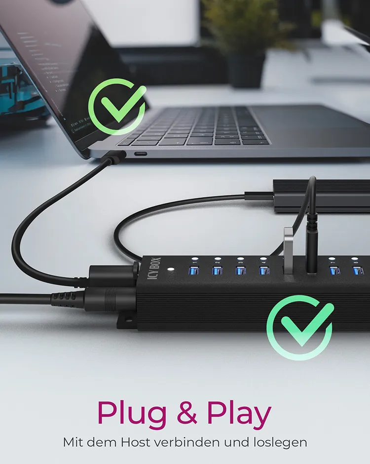 ICY BOX IB-HUB1717-U3, 16+1 port USB Hub, 16x USB, 1x USB Laden, USB 3.2 Gen 1, 96W Netzteil, Aluminium, schwarz – Bild 7