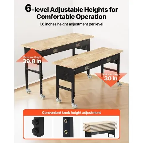 VEVOR Werkbank 1524x610 mm, Arbeitstisch 680 kg, Werktisch 760-1010 mm Höhenverstellbar, Garagentisch mit Schublade, Steckdose, Rollen & Lochwand, Werkstatttisch für Garage, Werkstatt, Büro – Bild 2