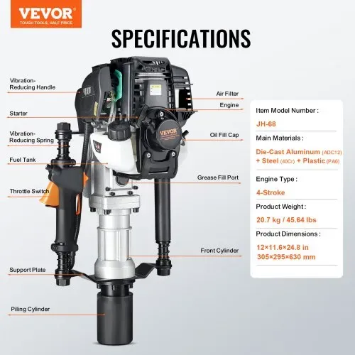 VEVOR 37,77 ccm Benzinbetriebener T-Pfostenrammer, 4-Takt-Zaunpfahlramme mit Benzinmotor, mit 2 Pfosten-Rammköpfen (55/70 mm), tragbarer 1000-W-Pfostenramme für Bauernhöfe, Ranchzäune, Straßenverbesserungen – Bild 6