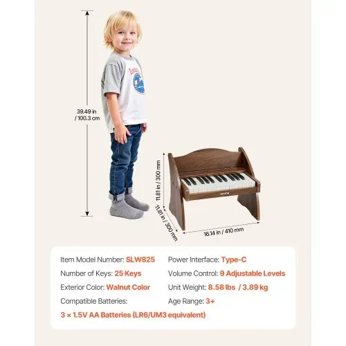 VEVOR Kinder-Keyboard, 25 Tasten, E-Piano, Holzklavier für Kinder ab 3 Jahren, Musikispielzeug mit Realistischem Klang, Dual-Power, Einstellbare Lautstärke, Musikalische Früherziehung, Walnussholz – Bild 6