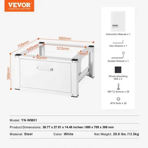 VEVOR Wäscheständer, 711,2 x 685,8 x 363,22 mm, Standplattform für Waschmaschine und Trockner, universelle Passform, 299,4 kg Kapazität, robuste, Basis für Waschmaschine – Bild 6