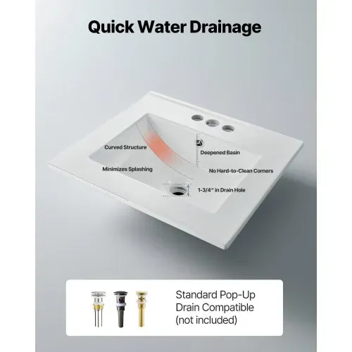 VEVOR Halbeinbauwaschbecken Handwaschbecken 510 x 465 mm rechteckiges Aufsatzwaschbecken mit Überlauf & 3 Wasserhahnlöchern, modernes Einbauwaschbecken für kleine Räume Küchen Badezimmer Weiß – Bild 4