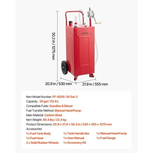 VEVOR 113,6L Kraftstofftrolley Mobile Tankanlage mit Manueller Handpumpe, Tragbarer Kraftstofftank für Auto Rasenmäher Boot, Mit 2 Rollen & Ölstandsanzeige, Für Benzin & Diesel, Kohlenstoffstahl, Rot – Bild 6