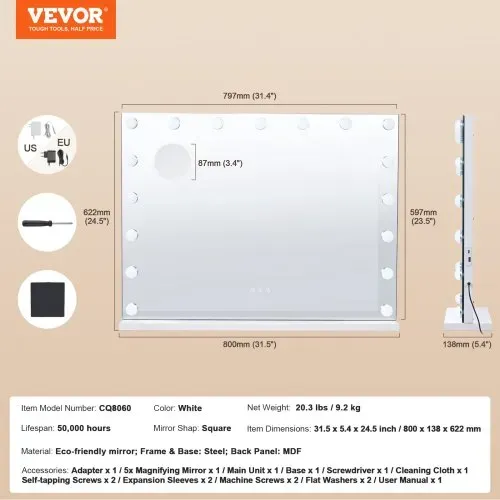 VEVOR Hollywood Schminkspiegel mit Beleuchtung, dimmbare Glühbirnen & 3 Farbbeleuchtungsmodi, Kosmetikspiegel mit abnehmbarer 5-facher Vergrößerung, USB, Typ C, Smart-Touch-Steuerung, 791x597mm – Bild 6