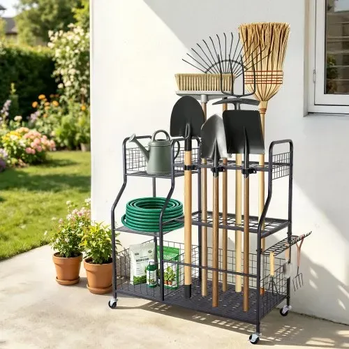 VEVOR Gartengeräte Ständer 1050x435x1005mm Gerätehalter mit Rollen Schwarz, Aufbewahrungsregal für Garage Schuppen Garten, Stahl-Organizer für Besen, mit 3 Ablagefächern Haken & Doppelschichtschlitzen – Bild 7