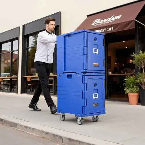 VEVOR Isolierter Lebensmittelbehälterträger, 82 Qt Hot Box für die Gastronomie, LLDPE-Lebensmittelbehälterträger mit einteiliger Schnalle, Frontlader mit Griffen, Endlader mit Rädern für Restaurant, Kantine usw. – Bild 7