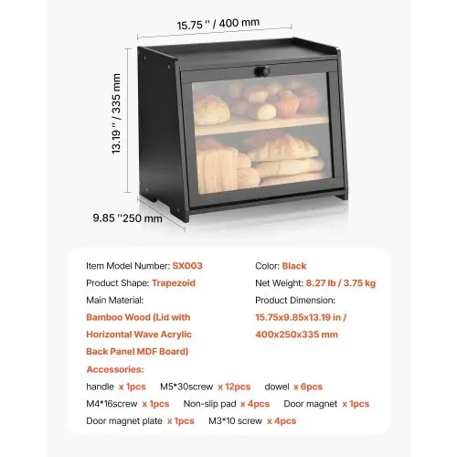 VEVOR Doppellagiger Brotkasten für Küchentheke Brotbehälter Brotbox Organizer aus Holz für selbstgebackenes Brot, Aufbewahrungsbehälter mit gewellter Acryl-Türplatte, Brotaufbewahrung Schwarz – Bild 6