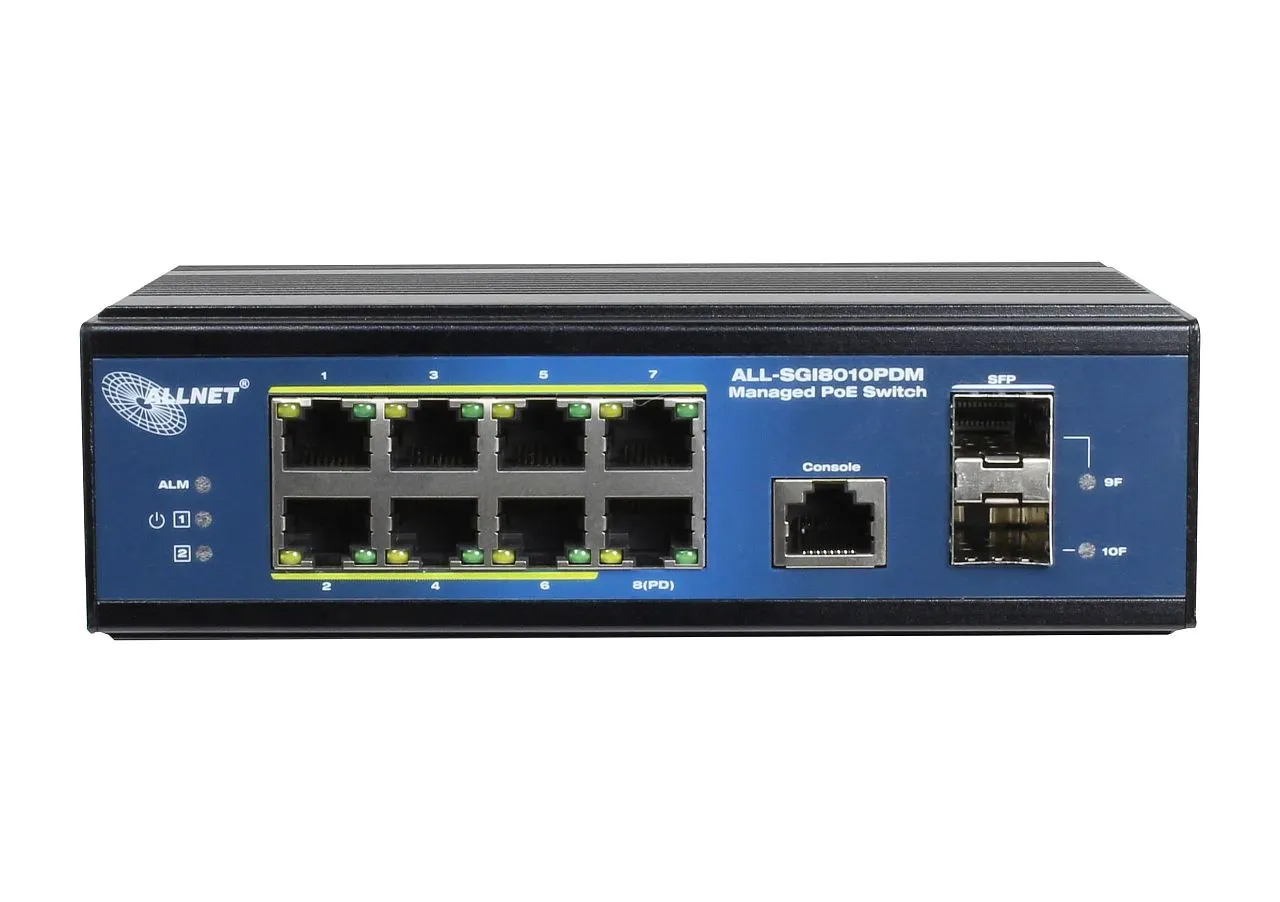 ALLNET Switch industrial full managed Layer2+ 10 Port GbE • PoE Budget 69W (BT) / 210 (DC) • 7x PoE at • 2x SFP • 1x GbE PD • Lüfterlos , IP40 • ALL-SGI8010PDM – Bild 4