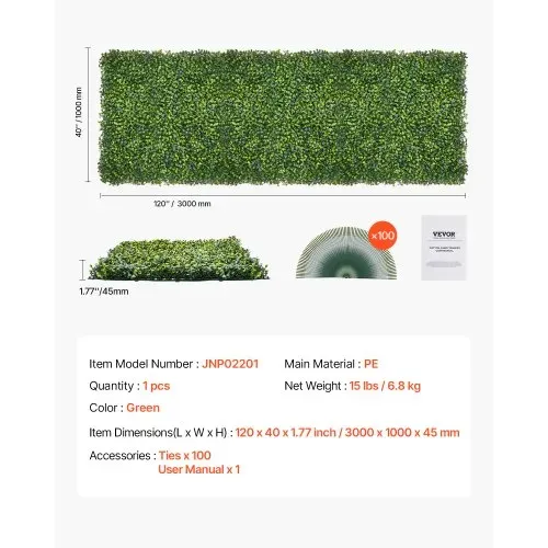 VEVOR Künstliche Hecke, 3000x1000x45mm, Künstliche Pflanzenwand, Buchsbaumpaneel für Dekoration im Innen- & Außenbereich & Efeu-Zaunbedeckung, Sichtschutz-Hintergrundwand, Heckenschirm für den Garten – Bild 6