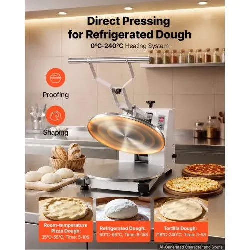 VEVOR Pizzateigpresse 18 Zoll 1200 W Elektrische Teigpresse für Pizzaböden für Pizzerien und Tortilla-Restaurants, 0-240 °C, Einstellbare Teigdicke 0-11 mm, mit Edelstahlgriff, Aluminium-Pressplatte – Bild 4