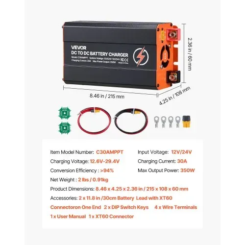 VEVOR DC-DC Batterieladegerät mit MPPT 350 W 30 A, Ladebooster Dual-Eingang für Solarpanel/Lichtmaschine, Laden für LiFePO4-Bleiakkus, 12 V/24 V-12 V/24 V, für Wohnmobil Notstromversorgung zu Hause – Bild 6