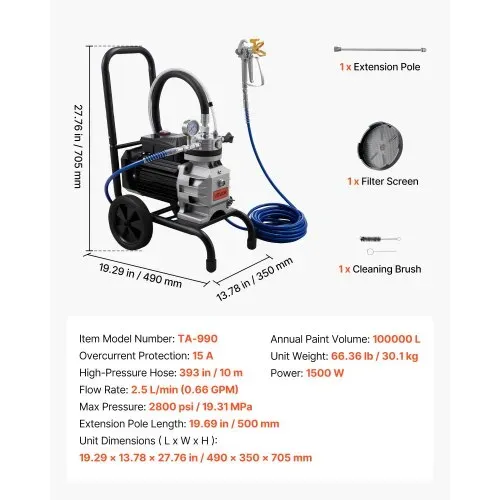 VEVOR Membran-Airless-Farbspritzgerät 1500 W, Rollbares Farbspritzgerät mit 19,31 MPa Hochdruck, 10 m Hochdruckschlauch, Reinigungsnadel und Bürste, für DIY-Sprüharbeiten im Innen- und Außenbereich – Bild 6