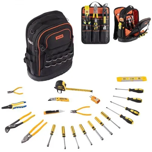 VEVOR Werkzeugrucksack mit 65 Taschen, Backpack inkl. 21-teiliges Werkzeugset, Werkzeugtasche mit Laptopfach, für Elektriker, Reparaturtechniker und Heizungs-, Lüftungs- und Klimatechniker VEVOR Werkzeugrucksack mit 65 Taschen, Backpack inkl. 21-teiliges Werkzeugset, Werkzeugtasche mit Laptopfach, für Elektriker, Reparaturtechniker und Heizungs-, Lüftungs- und Klimatechniker
