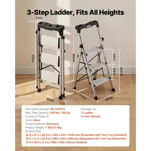 VEVOR Trittleiter 3 Stufen, Klappleiter mit Anti-Rutsch-Stufen & Komfortablem Handgriff, Haushaltsleiter Tragkraft 150 kg, Aluminium-Stehleiter, Sicherheitsleiter für Küche, Lager, Haushalt & Büro VEVOR Trittleiter 3 Stufen, Klappleiter mit Anti-Rutsch-Stufen & Komfortablem Handgriff, Haushaltsleiter Tragkraft 150 kg, Aluminium-Stehleiter, Sicherheitsleiter für Küche, Lager, Haushalt & Büro