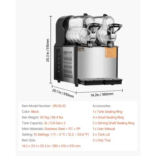 VEVOR kommerzielle Slusheis Maschine 3 L x 2 Doppeltank-Maschine für gefrorene Getränke, 24 Tassen Edelstahl Slush-Eis-Maschine Softeis Maker für Partys Restaurants Cafés Barsn Schwarz – Bild 6