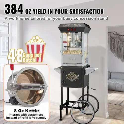 VEVOR Popcornmaschine Popcornautomat mit Wagen 850 W Popcorngerät, 8 oz Kessel für 48 Tassen pro Ladung, Popcornmaschine mit gehärtetem Glas inkl. 4 Schaufeln Kino-Stil Restaurant Schwarz – Bild 2