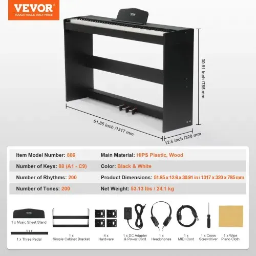 VEVOR Digitalpiano, 88 Tasten, Elektrisches Klaviere, Doppeltastatur und Lautsprecher, einfache Gehäusehalterung mit Kopfhörer, 200 Töne und Rhythmen, unterstützt Bluetooth/USB/MIDI, für Anfänger – Bild 6