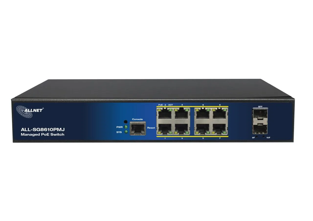 ALLNET Switch full managed Layer2+ 10 Port • 8x GbE • PoE Budget 130W • 8x PoE at • 2x SFP • 19" • Lüfterlos • JSON API • ALL-SG8610PMJ – Bild 2