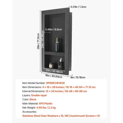 VEVOR Duschnische, 10,16x40,64x71,12 cm, Wandnische mit beweglichem Trennregal, Seifen- & Shampoo-Aufbewahrungs-Organizer, versiegeltes Design, schwarz für Badezimmerdusche – Bild 6