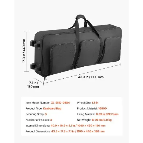 VEVOR Keyboardtasche, Keyboard Tasche für 61 Tasten, 1100 x 440 x 180 mm E-Klaviere Gigbag mit verstellbaren Schulterriemen, Tragegriffen & Rollen, 1680D, wasserabweisend & gepolstert für Keyboard – Bild 6