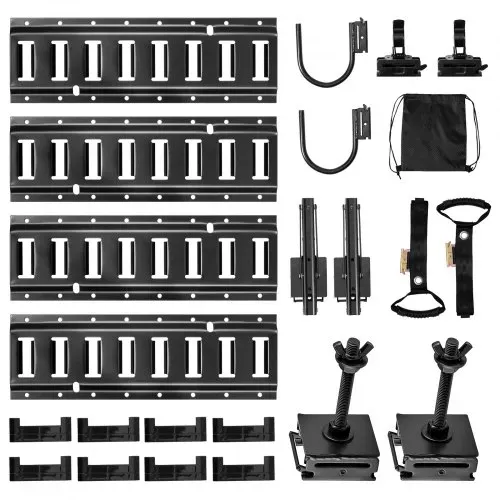 VEVOR E-Track-Zurrschienen-Set, 4er-Pack 0,4 m, inkl. 2 U-förmige Haken, 2 Werkzeughalter, 2 Schienenregalhalterungen, 2 Reifenhalter, 2 Kabelaufbewahrungsringe, 8 Endkappen und 1 Tasche VEVOR E-Track-Zurrschienen-Set, 4er-Pack 0,4 m, inkl. 2 U-förmige Haken, 2 Werkzeughalter, 2 Schienenregalhalterungen, 2 Reifenhalter, 2 Kabelaufbewahrungsringe, 8 Endkappen und 1 Tasche