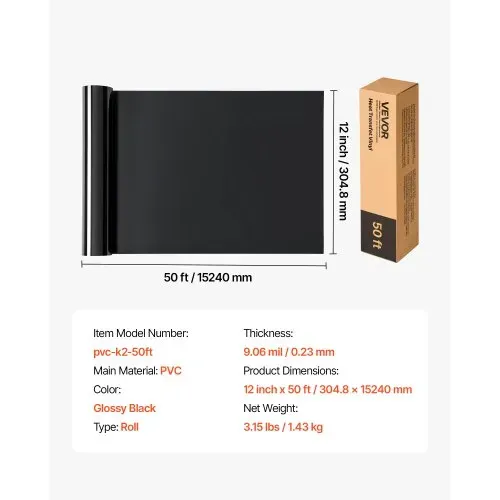 VEVOR Vinylfolie Wärmeübertragung Transferfolie (304,8 x 15240 mm), glänzend schwarze HTV-Bügelvinylrolle, kompatibel mit Schneidemaschinen, für verschiedene Materialien T-Shirts Kissen Hüte – Bild 6