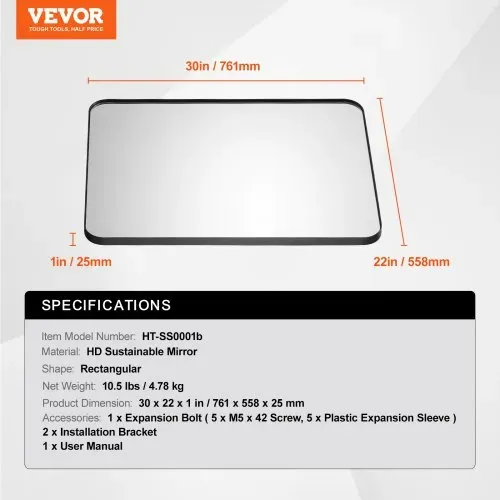 VEVOR Wandspiegel Schminkspiegel Badezimmerspiegel 762 x 558 x 25 mm rechteckiger Spiegel, Rahmen aus Aluminiumlegierung Spiegel mit Z-förmiger Halterung für Badezimmer Schlafzimmer Wohnzimmer – Bild 6
