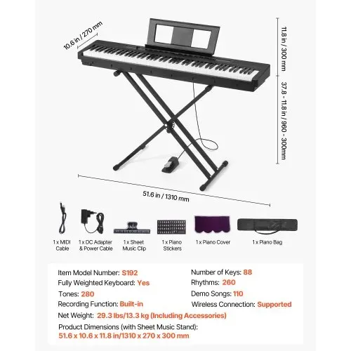 VEVOR Digitalpiano, 88 Tasten vollgewichtet, E-Piano Doppeltastatur & Lautsprecher mit X-Ständer, Sustain-Pedal, Aufnahmefunktion, 280 Töne, Kabellose Verbindung, für Anfänger, Schwarz – Bild 6