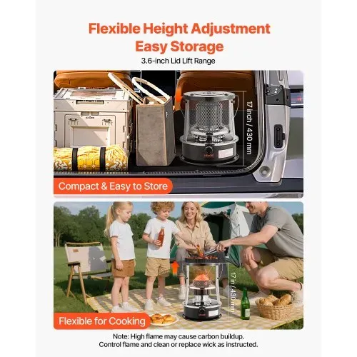 VEVOR 9000 BTU tragbarer Petroleumofen, 2-in-1 Heizofen mit Kochenfunktion, einstellbarer Höhe & Flamme, für Innenräume & Outdoor, Camping, Jagd, Kochen, Zuhause, Garage, Schwarz – Bild 4