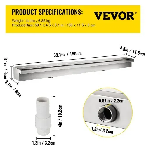 VEVOR Schwalldusche Poolfontäne 59,1"x4,5"x3,1" Poolbrunnen 1,3" Wasserfontäne 0,87" Dekoration Gartenteich – Bild 6
