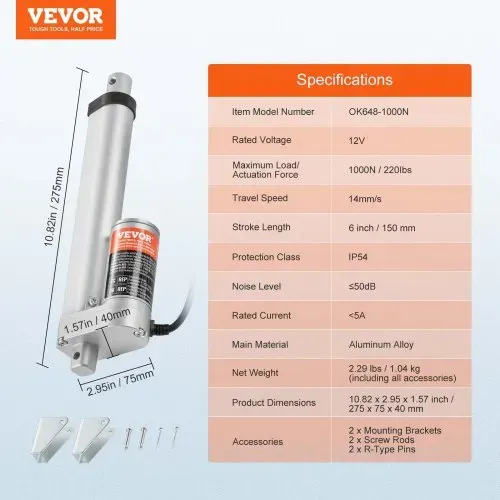 VEVOR 1000N Linear Actuator DC 12V Linearantrieb IP54 Elektrischer Linearmotor 150mm Hublänge Geräuschpegel ≤50dB Elektrische Türöffner 14mm/s Fahrgeschwindigkeit Lineartechnik Verstellantrieb – Bild 6