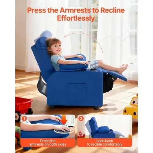 VEVOR Kindersofa mit Getränkehaltern und Seitentaschen, Kindersessel mit 107° bis 126° Verstellbarer Rückenlehne & Fußstütze, Liegesessel aus PU-Leder mit Fußstütze, Geeignet für Kinder (Blau) – Bild 2