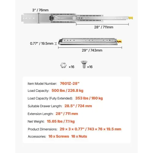 VEVOR 1 Paar Schubladenschienen mit Vollauszug 711 mm, 226 kg Tragkraft, Schubladenführungen, Kugellager mit Sperre, seitlich montierte Teleskopschienen, ideal für Schränke, Industrieschubladen – Bild 6